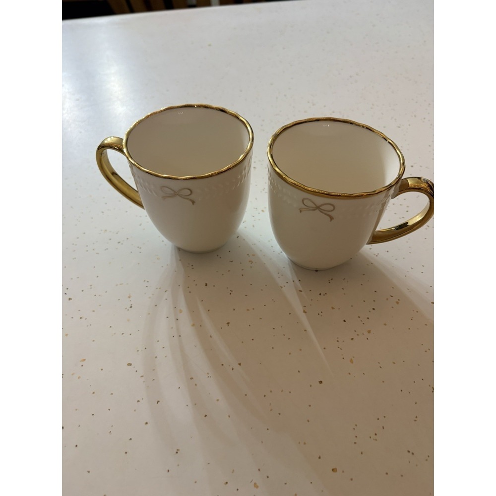 NEW 2 Metallic Gold Bows & Trim on White Coffee Mug Ceramic Cup 4" Coquett